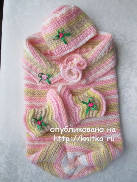 Кокон, пинетки и шапочка для малыша спицами. Работы Марии Гнедько. Вязание спицами.