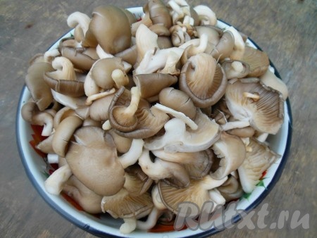 Вешенки промойте водой, корешки (если есть) - отрежьте. Выложите грибы на дуршлаг, чтобы стекла вода. Крупные грибы нарежьте на кусочки.