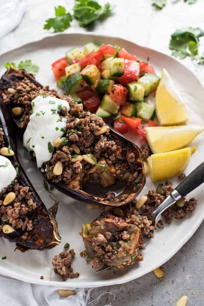 Moroccan Baked Eggplant with Beef with cucumber and tomato salad