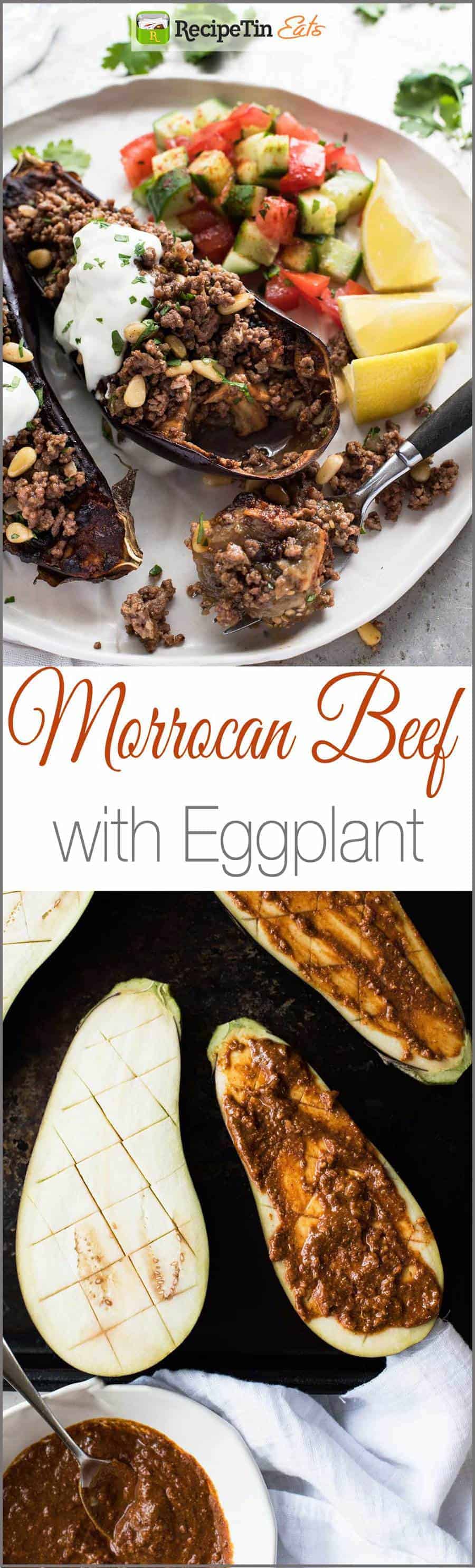 Moroccan Baked Eggplant with Beef - A simple but amazing spice mix forms the base of this incredible meal that happens to only be 460 calories a serving.