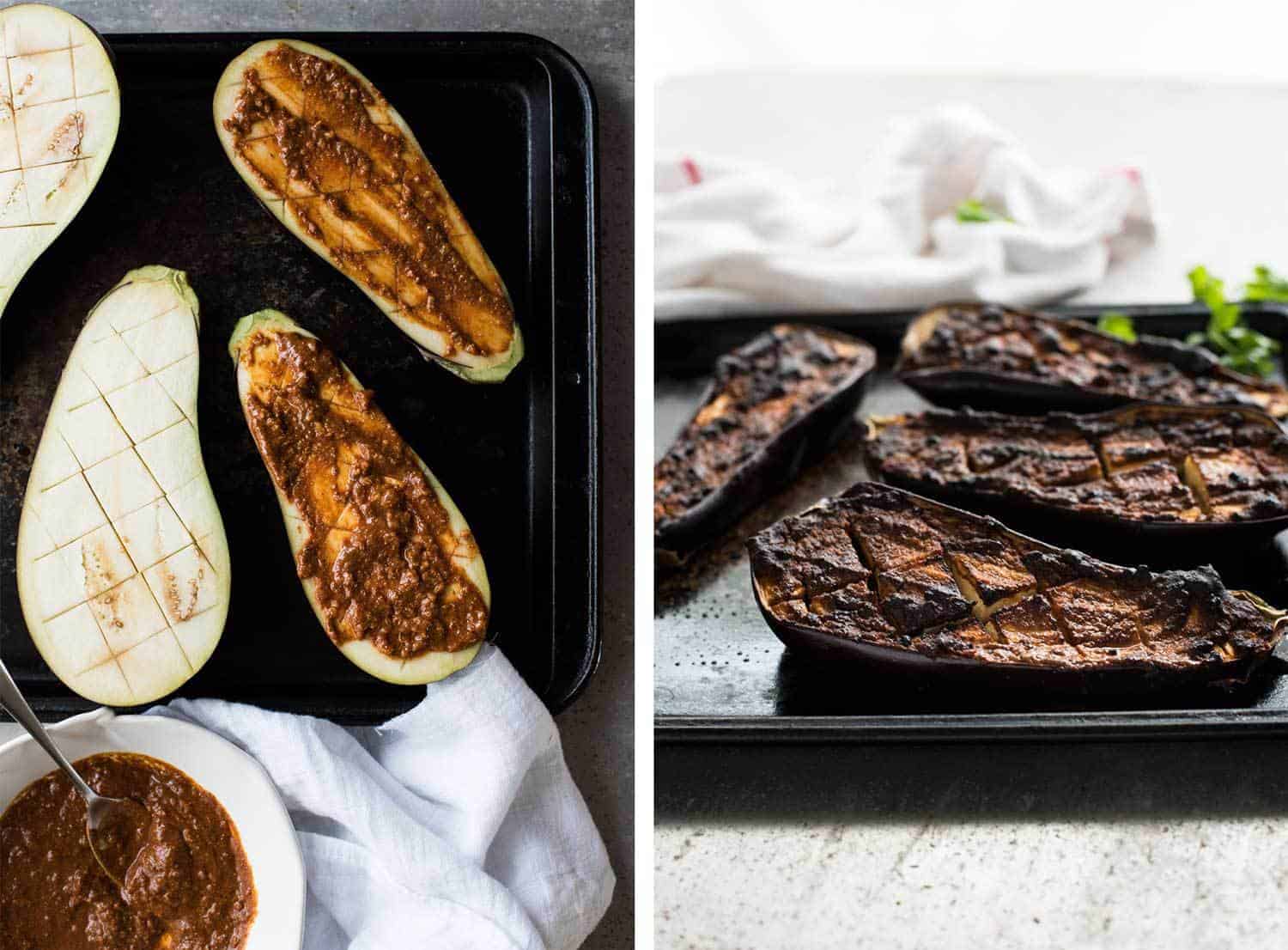 Moroccan Baked Eggplant with Beef smeared with chermoula before baking, and result after baking